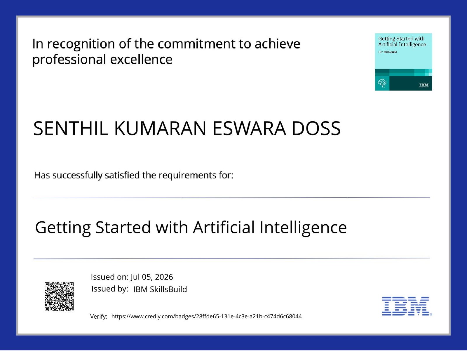 Getting Started with Artificial Intelligence credential certificate