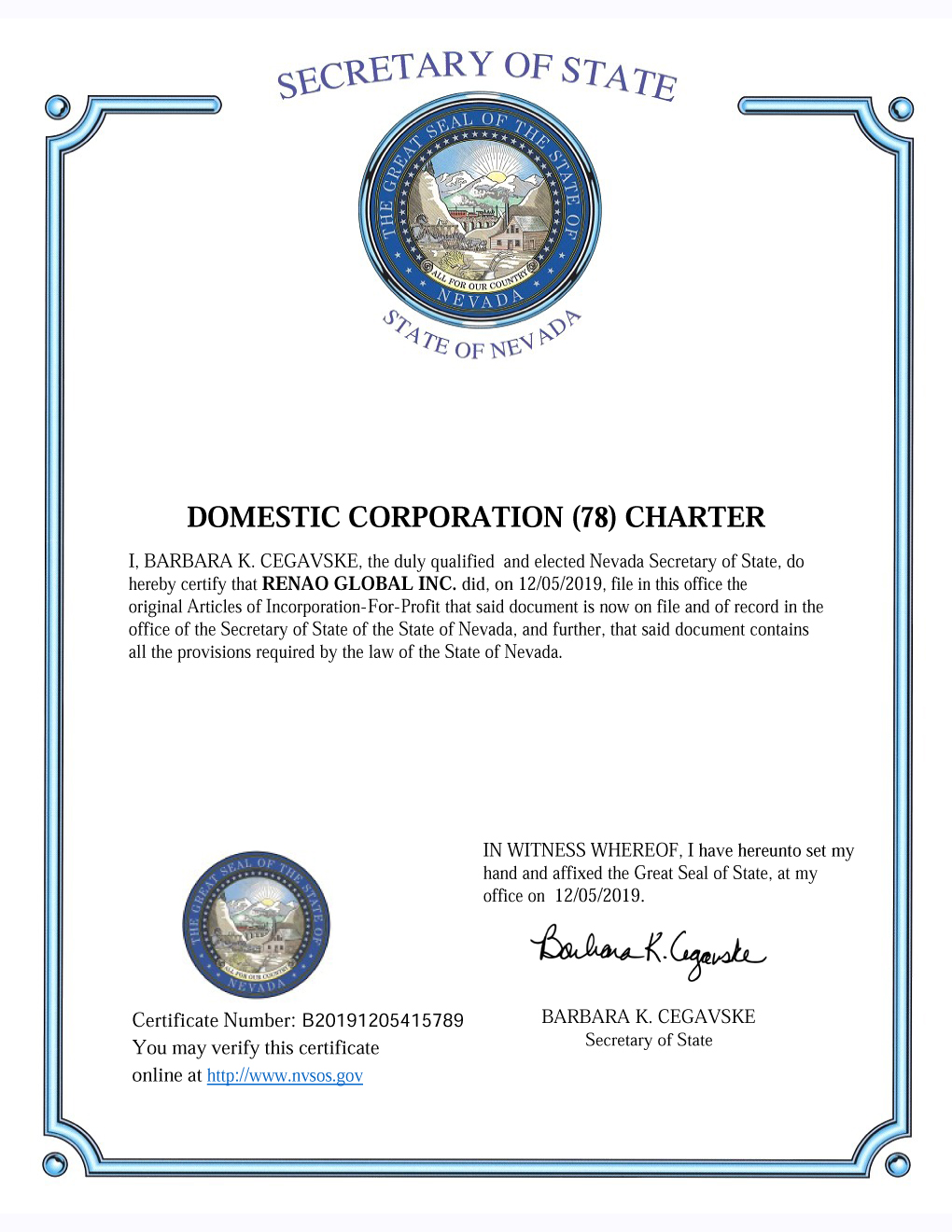 Domestic Corporation Charter