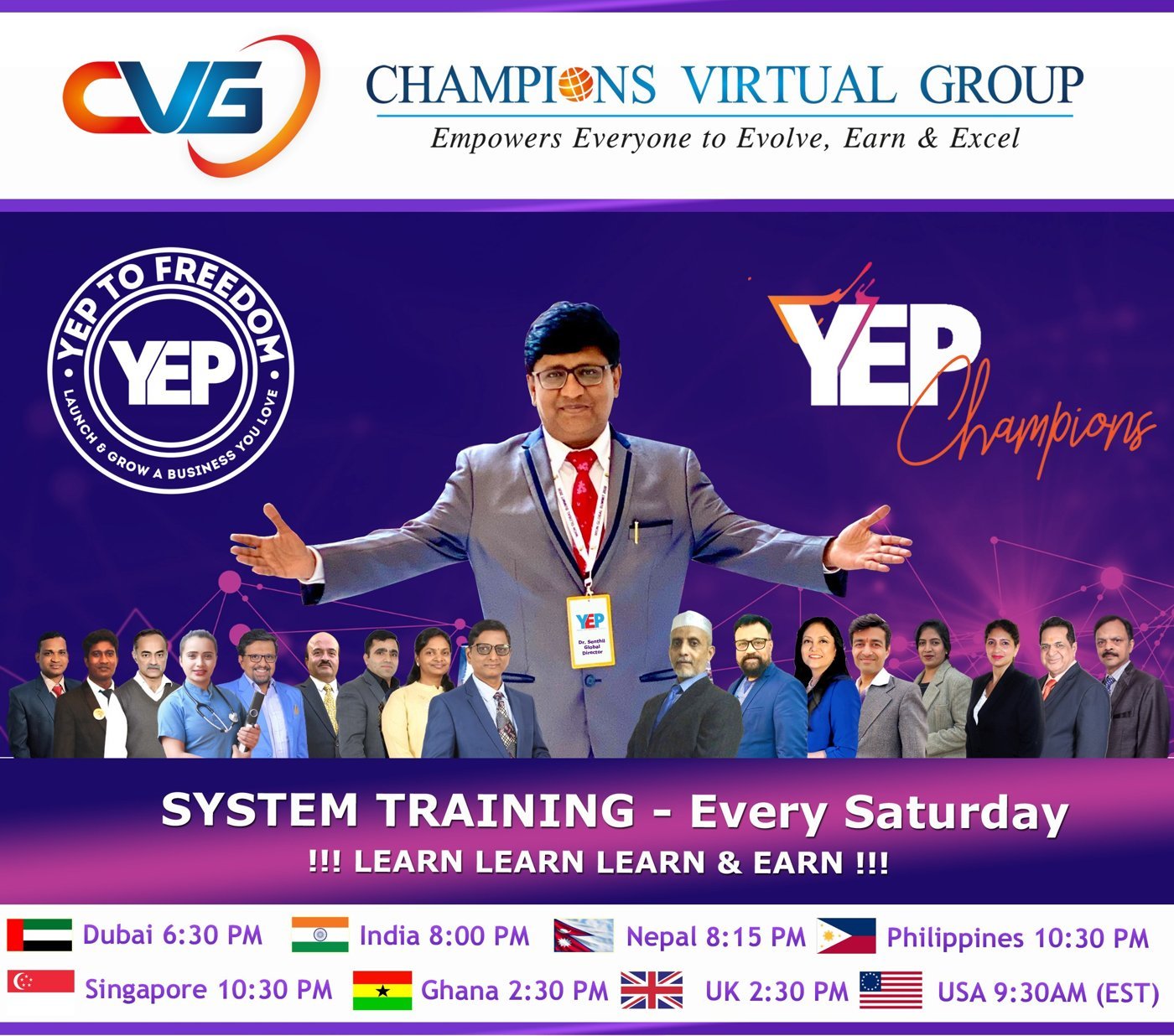 YEP Champions System Training flyer — every Saturday, presented by Champions Virtual Group
